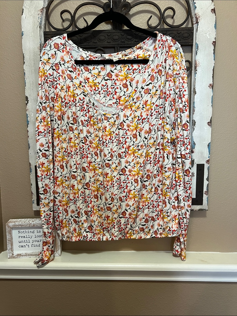 Women's Floral Scoop Neck Long Sleeve Top - White with Red & Yellow Print